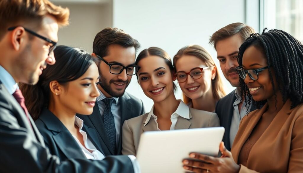 A group of diverse, well-dressed office professionals gathered in a modern, minimalist setting. The lighting is bright and natural, casting soft shadows and highlights on their faces. They are engaged in thoughtful discussion, with a mix of serious expressions and subtle smiles. The background is blurred, allowing the focus to remain on the users. The composition is balanced, with the subjects positioned in a visually pleasing arrangement. The overall atmosphere conveys a sense of collaboration, productivity, and the consideration of important technological decisions.