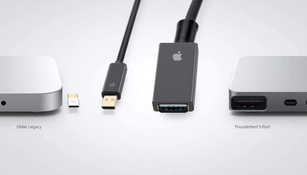 A highly detailed, photorealistic illustration of a thunderbolt connector cable, depicting its backward compatibility with older devices. The cable should be rendered in a three-quarter view, with a clean, minimalist background that highlights its technical specifications. The cable should be shown connecting to a range of devices, from older legacy ports to the newest Thunderbolt 5 ports, symbolizing the backward compatibility feature. The image should have a sleek, high-tech aesthetic, with subtle highlights and shadows to accentuate the cable's form and function. The overall tone should convey a sense of seamless integration and technological progress.