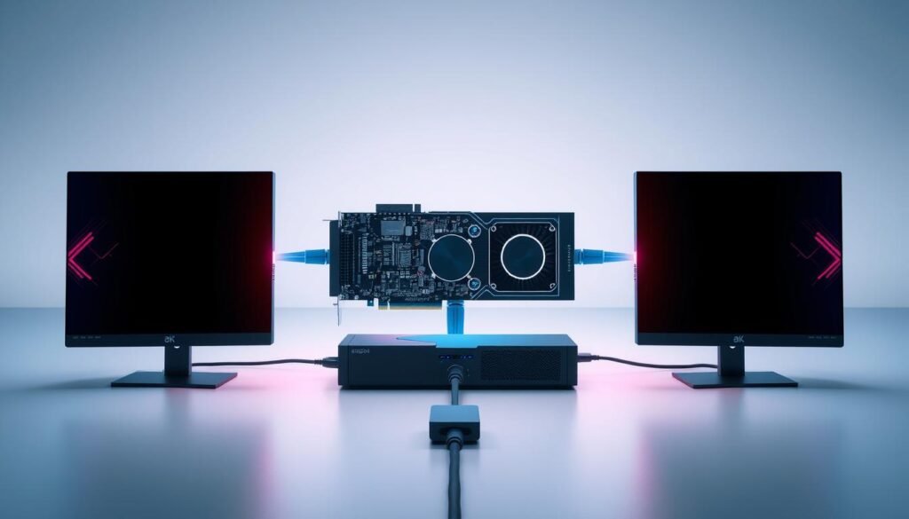 A sleek, high-tech illustration showcasing the bandwidth capabilities of Thunderbolt 5. In the foreground, a trio of 4K displays are seamlessly connected, their vibrant screens radiating digital energy. In the middle ground, a powerful eGPU pulses with a steady 350W of power, its intricate circuitry hinting at the advanced data transfer speeds. The background is a clean, minimalist environment, bathed in cool, ambient lighting that emphasizes the technical precision of the scene. The overall composition conveys a sense of cutting-edge technology, seamless integration, and the effortless flow of data, video, and power through a single, versatile Thunderbolt 5 connection.