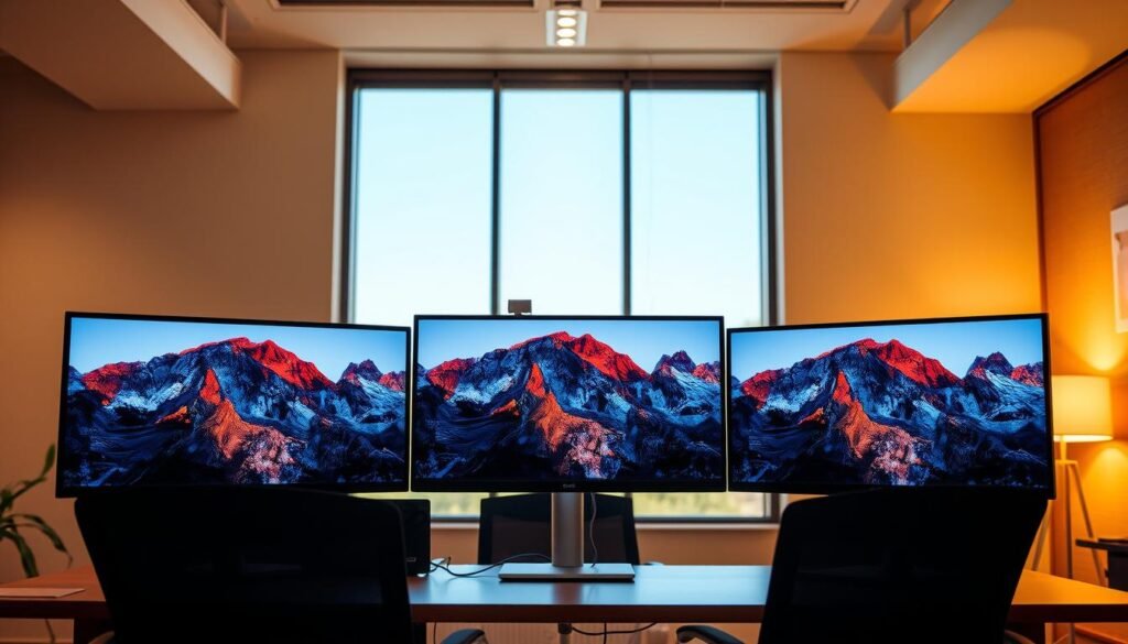 A well-lit office setting with three high-resolution displays arranged in an ergonomic setup. The displays showcase vivid, lifelike imagery with crisp details and vibrant colors. The displays are positioned at slightly different angles, creating a balanced and visually appealing composition. The scene is illuminated by a combination of warm, natural lighting from large windows and subtle, indirect lighting fixtures, casting a soft, professional glow. The overall atmosphere conveys a sense of productivity, technological advancement, and attention to visual quality.